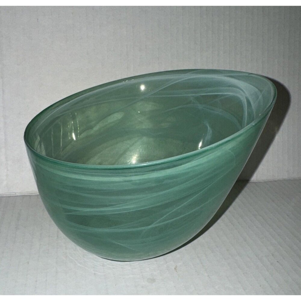 Frosted Turquoise Serving Bowl 5" Tall Teal Swirl Glass Candy Decor Nautical Sea